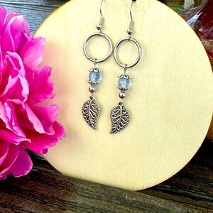 Blue and Silver Leaf Charm Earrings